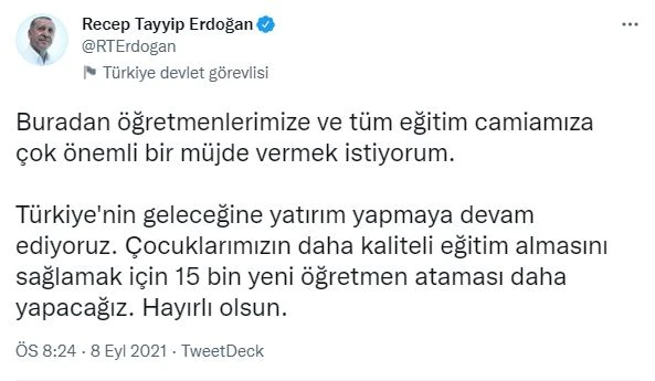 Cumhurbaşkanı Erdoğan müjdeyi verdi: 15 bin öğretmen atanacak